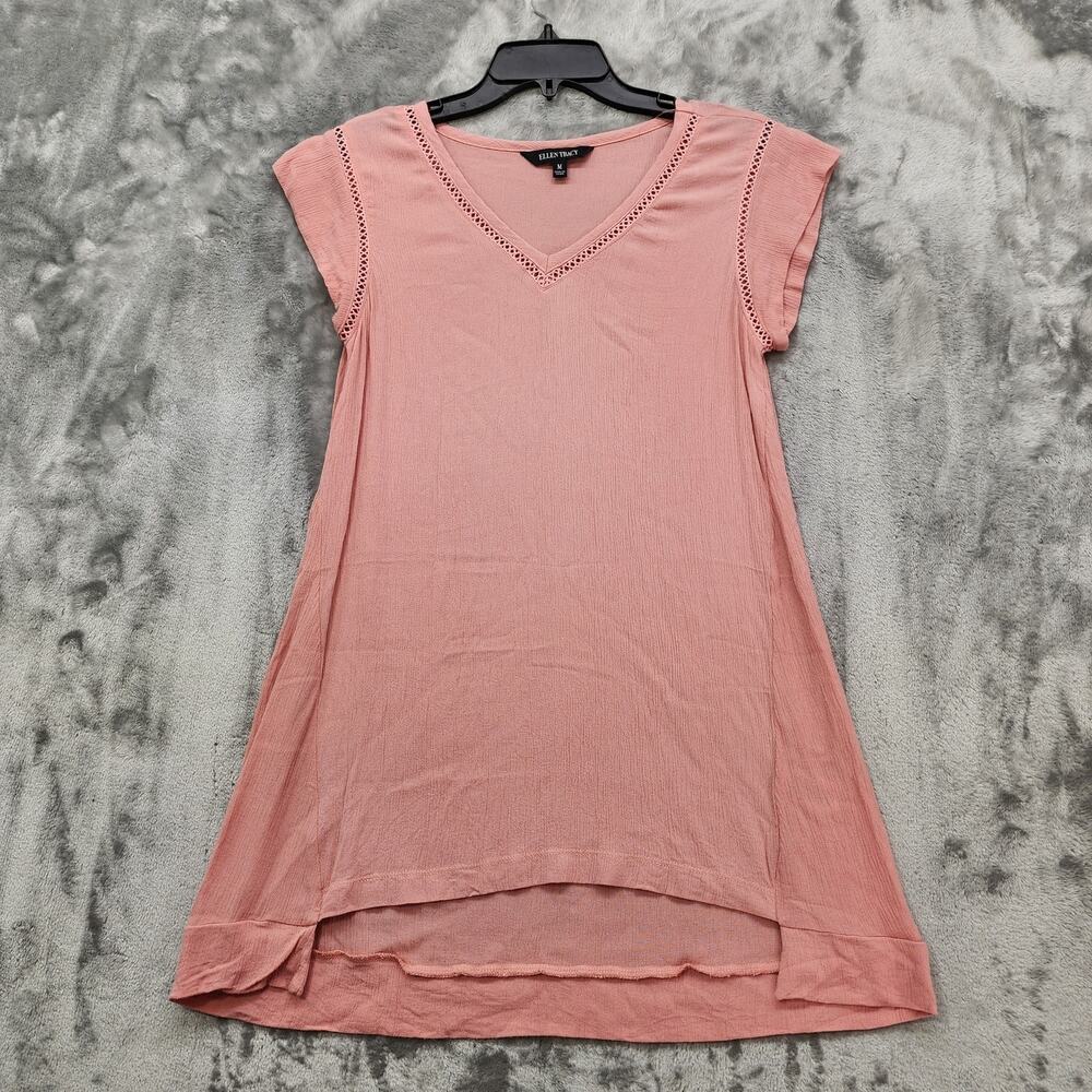 Ellen Tracy Top Womens M Tea Rose Pink V-Neck Loose Fit Tunic Short Cap Sleeves